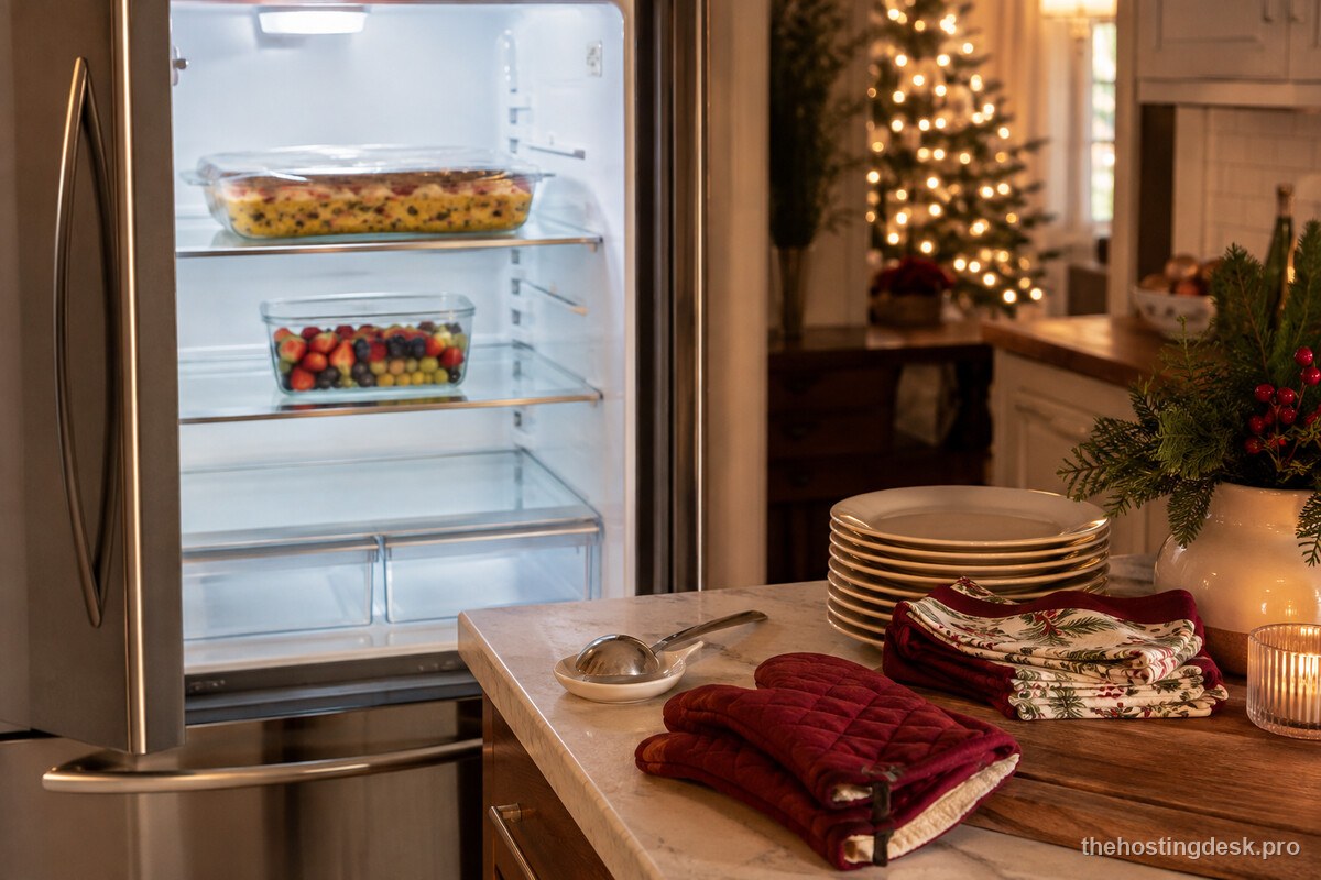 Christmas Eve brunch preparation with an overnight casserole and fruit kept chilled