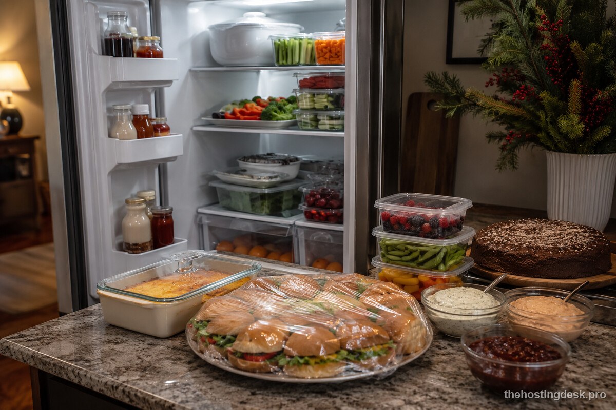 Christmas party food organized a day ahead in a home refrigerator and kitchen