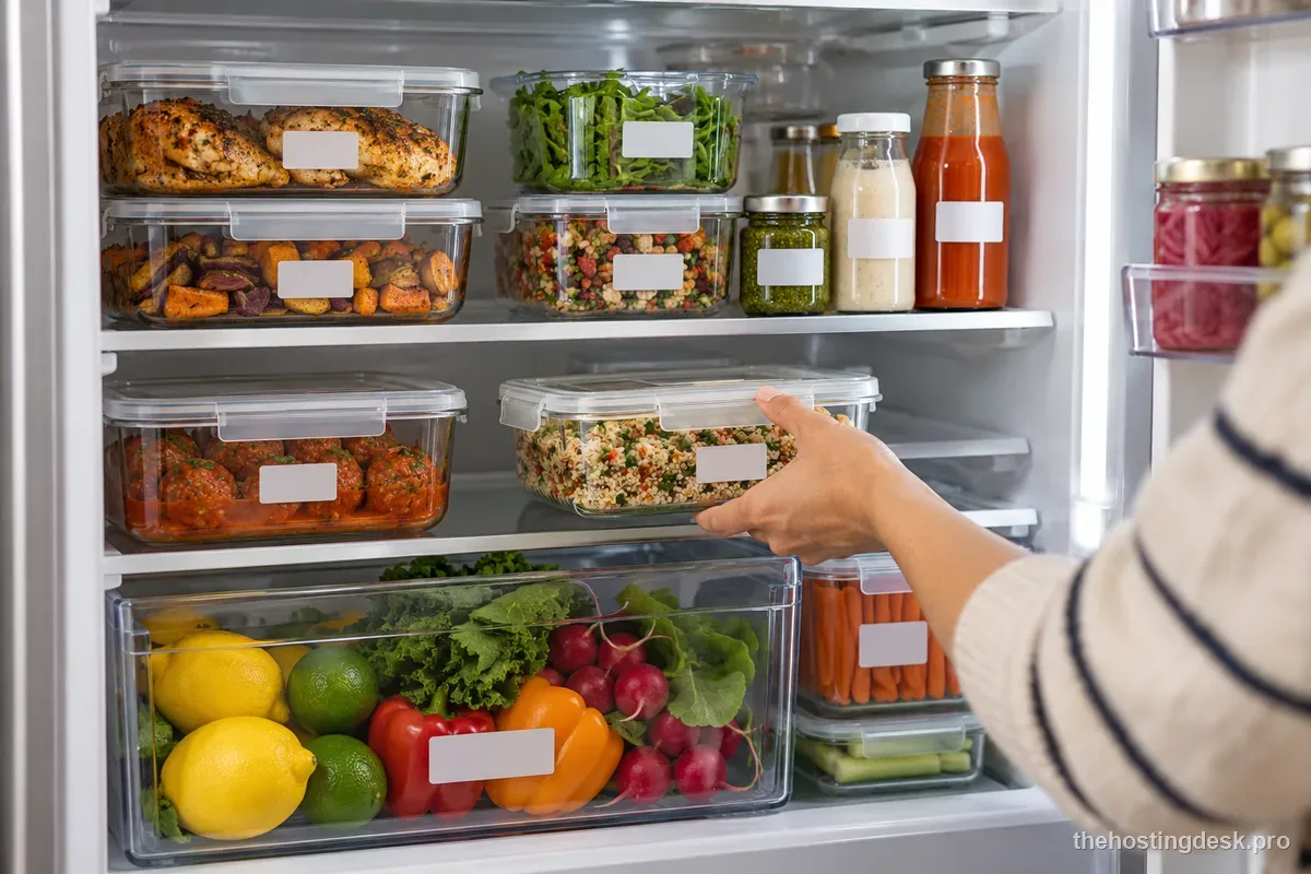 Covered foods and fresh ingredients organized on refrigerator shelves before a party