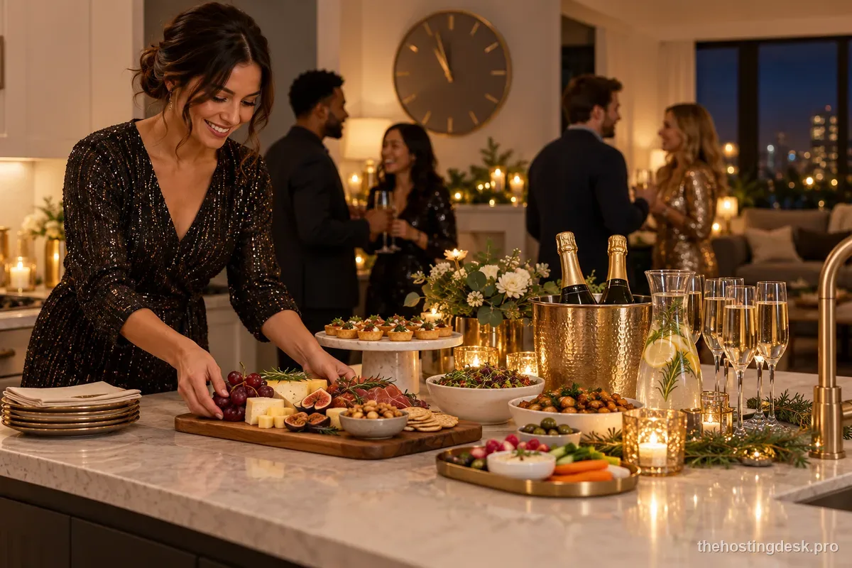 Host setting out a small first wave of food before a New Year's Eve gathering