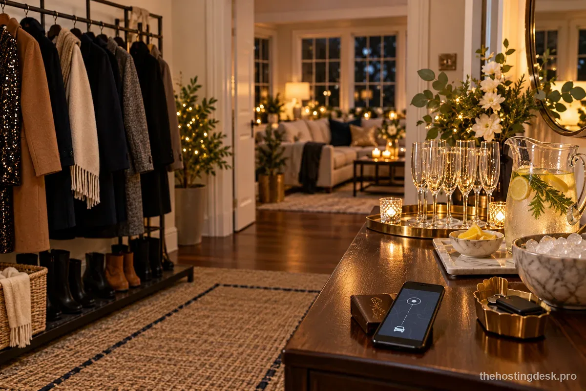 A clear entry and self-serve drink station ready for a New Year's Eve party
