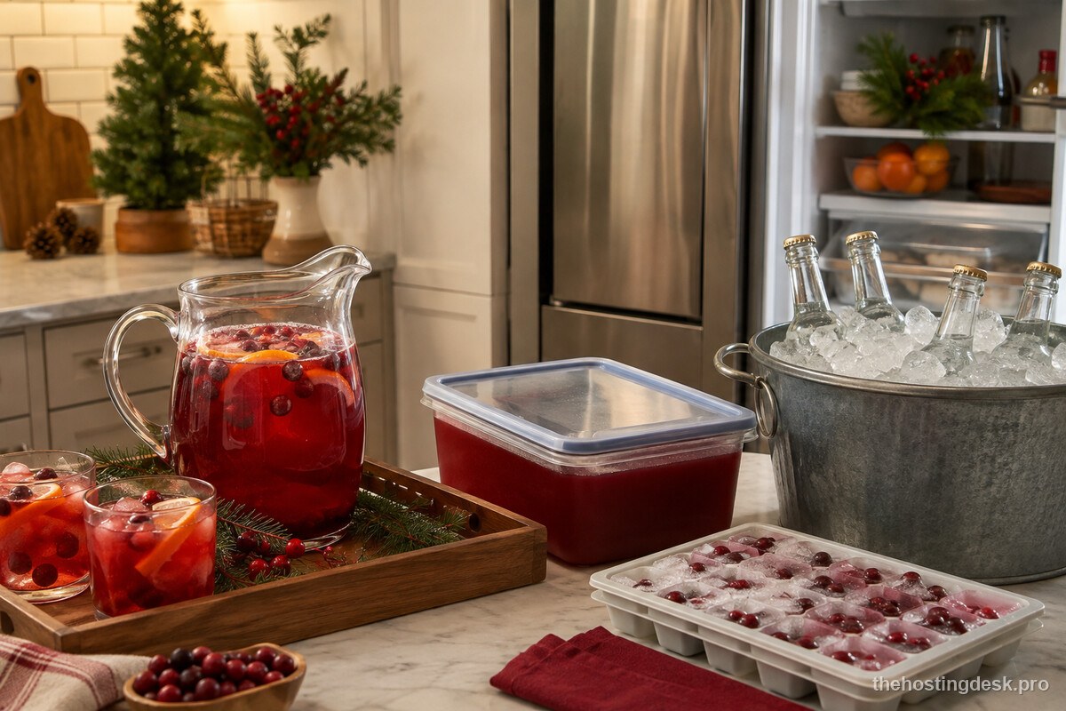 A smaller first batch of non-alcoholic Christmas punch with cold refill ingredients ready