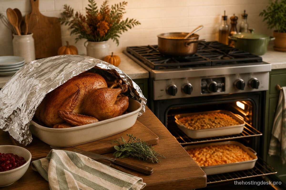A rested Thanksgiving turkey while casseroles use the one-oven handoff window