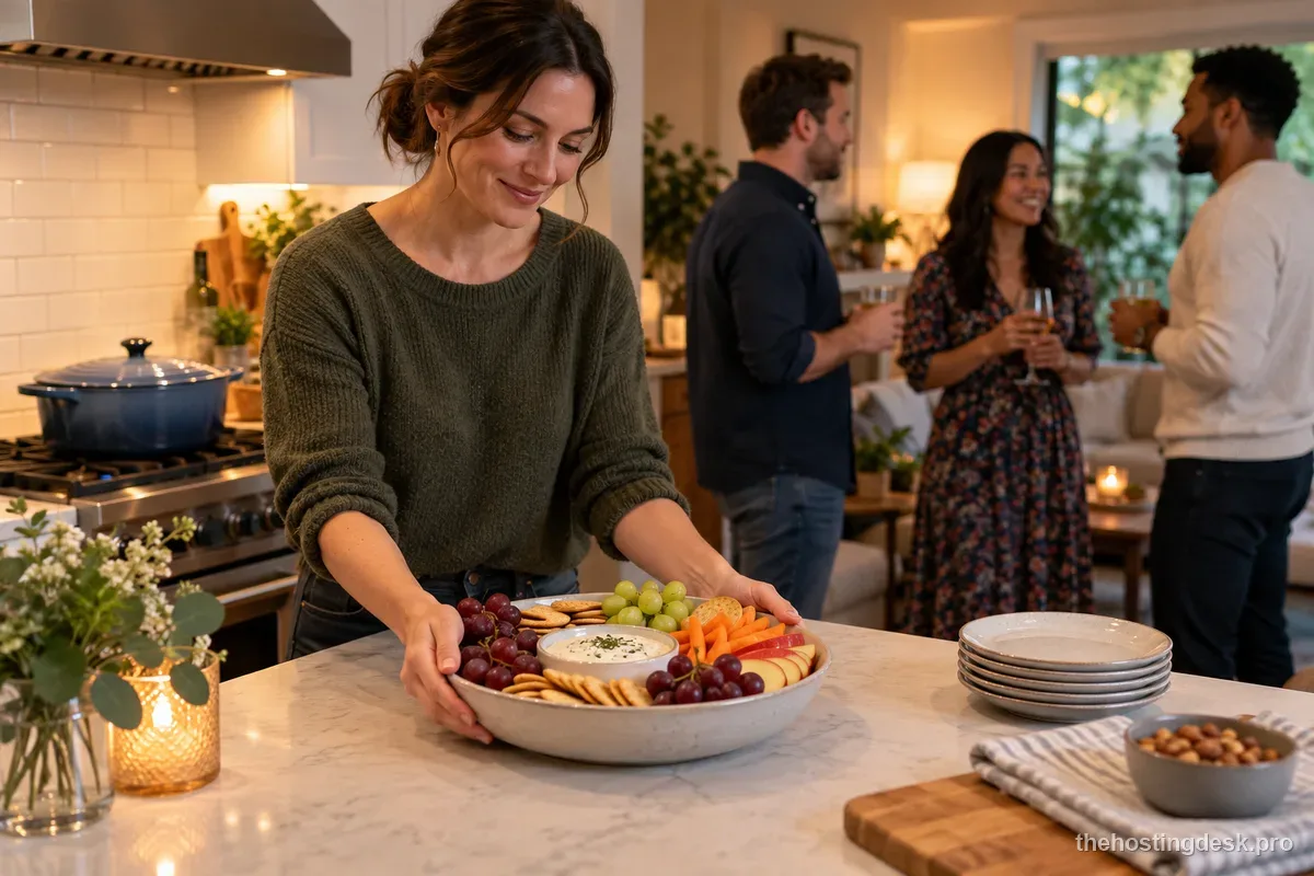 Host checking a written food-service plan while guests enjoy an early snack