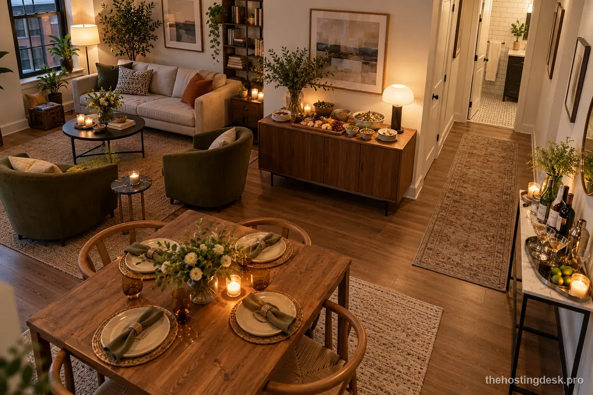 Small home party with the food table, seating area, and drink station separated