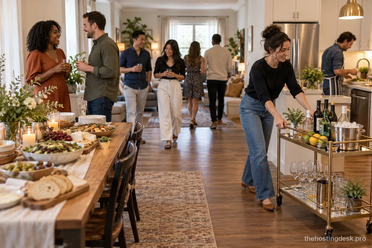 Guests circulating between a food table and a separate drink station in a home