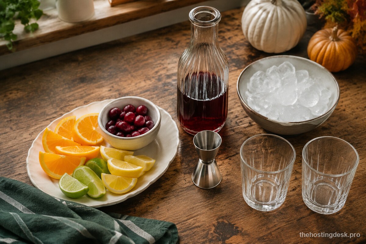 Ingredients and glassware for simple three-ingredient Halloween cocktails