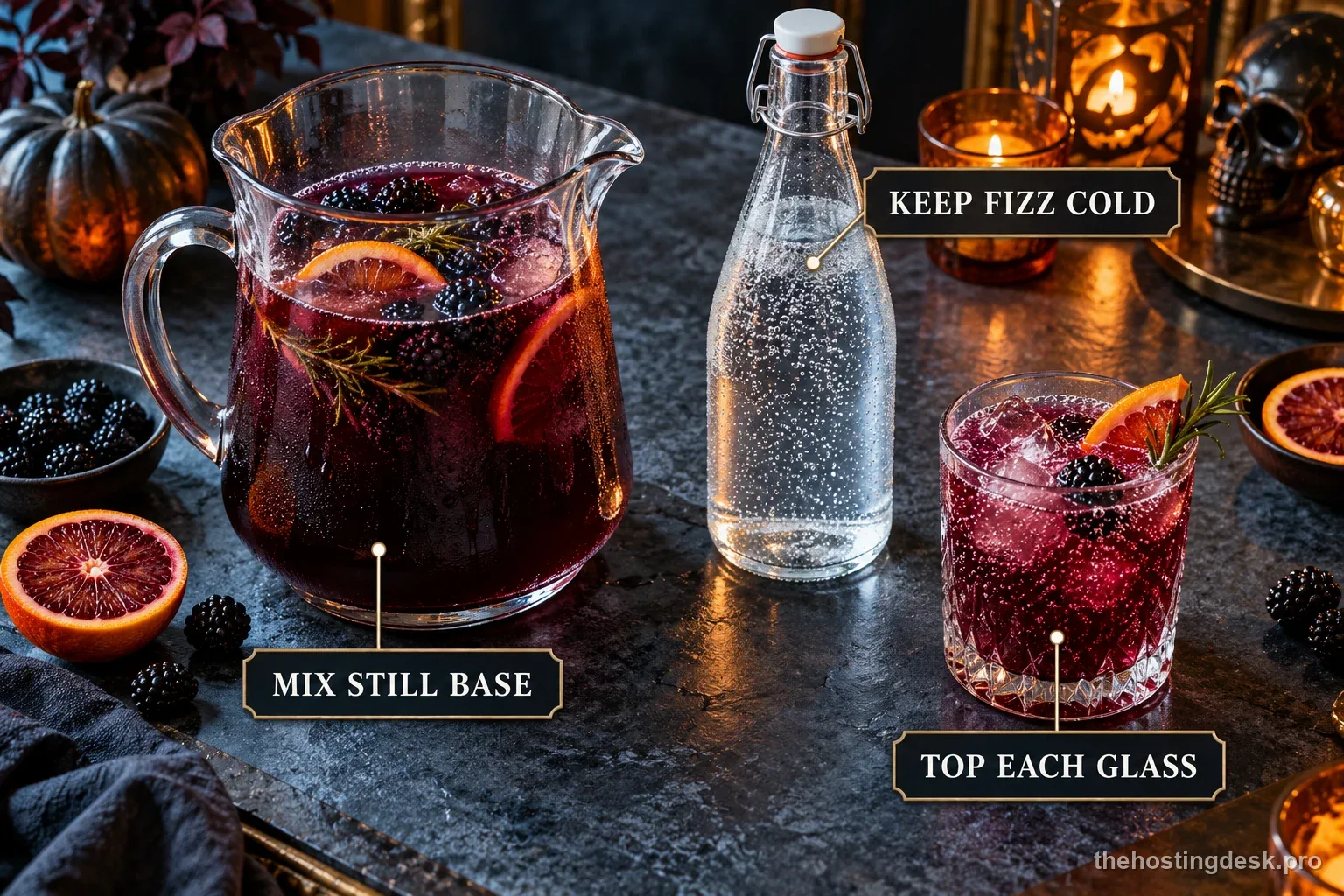 A labeled pitcher of still cocktail base beside chilled sparkling water and a finished glass, showing when to add the fizz