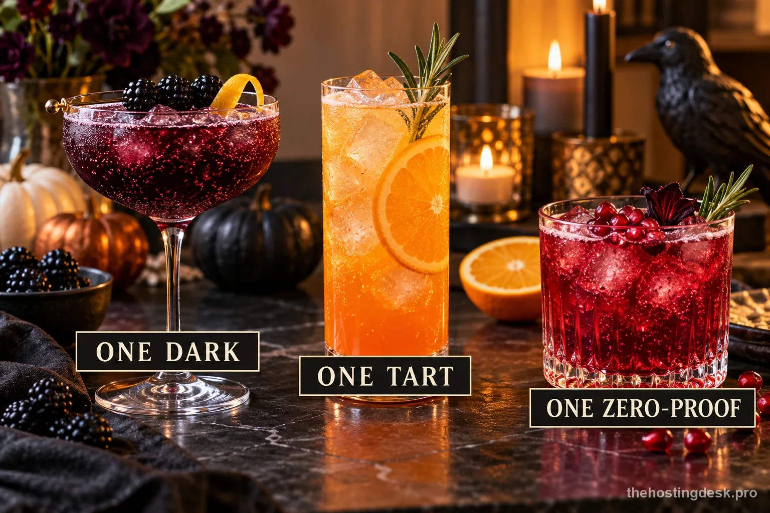 Three Halloween party drink choices shown as a dark blackberry cocktail, a tart orange drink, and a ruby zero-proof soda, each with a readable label