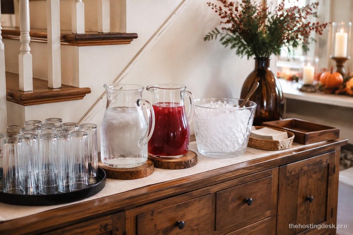 A self-serve drink station arranged for easy Thanksgiving guest traffic