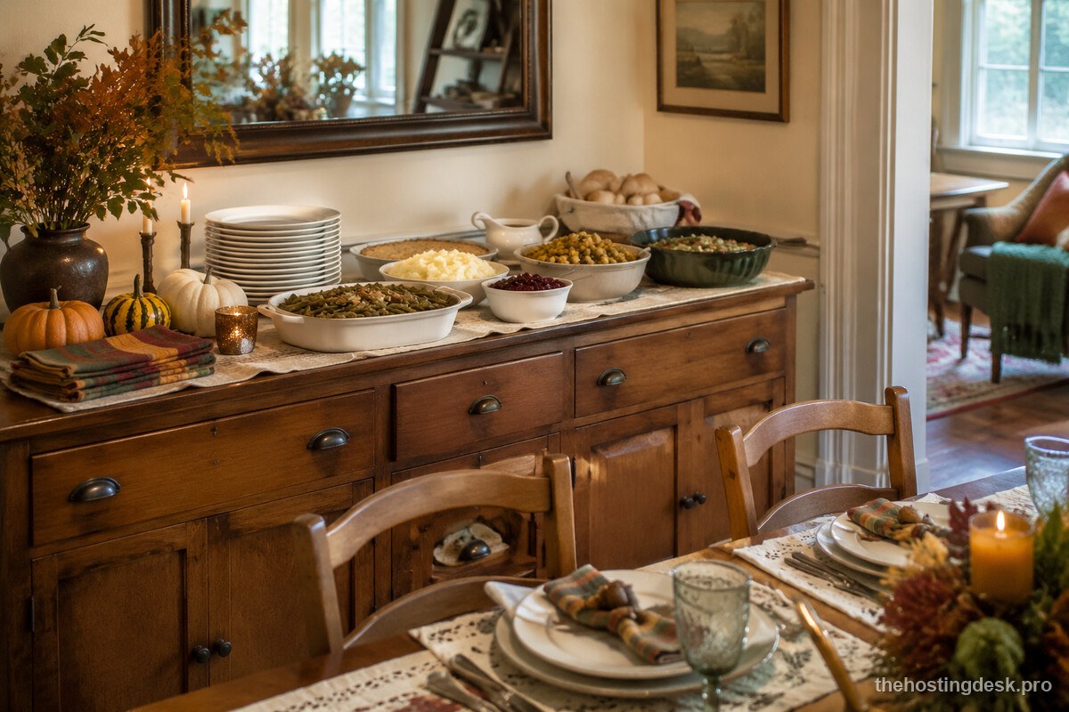 A modest Thanksgiving centerpiece made from flowers and produce